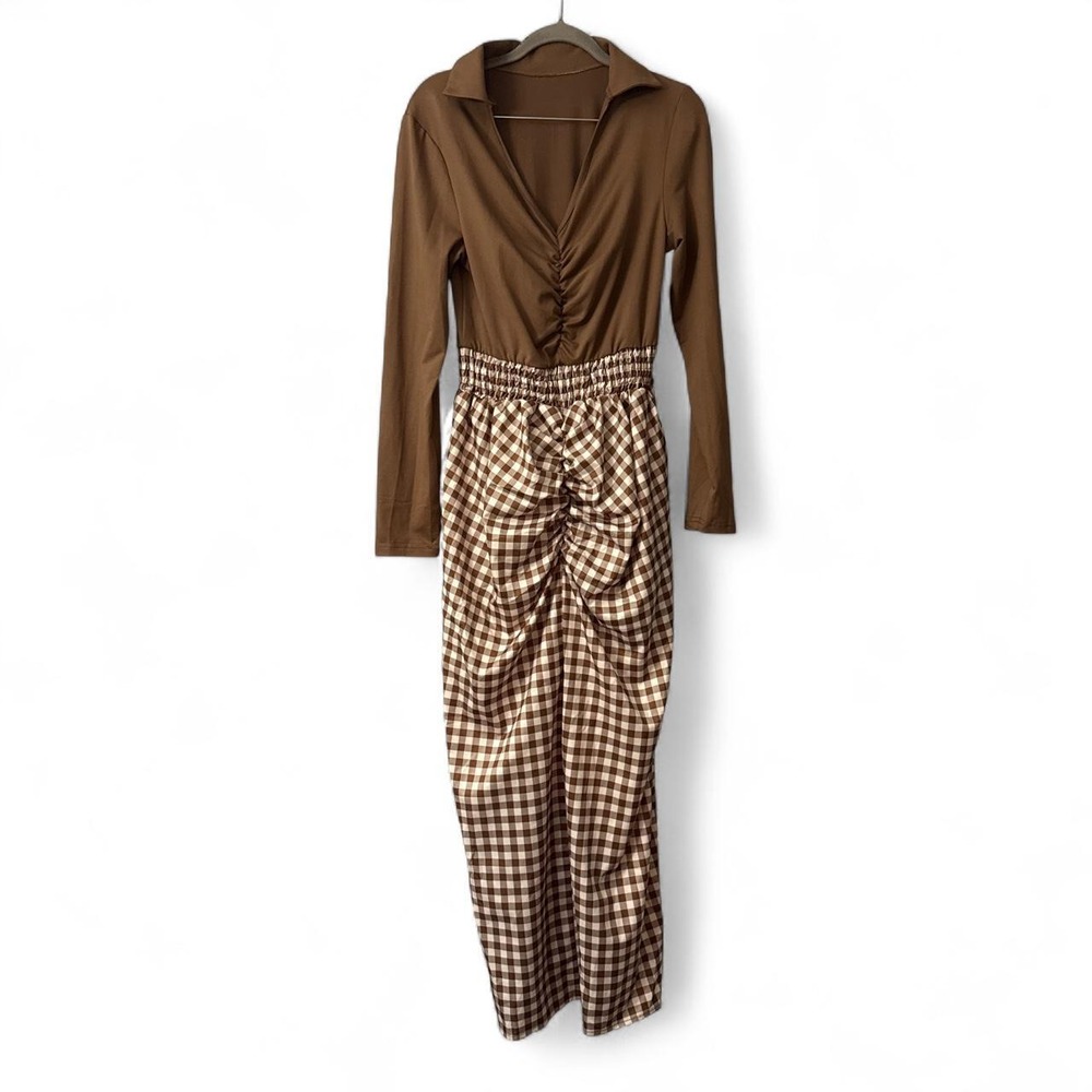 Women's Brown and Cream Long Sleeve Gingham Midi Dress with Ruched Detail